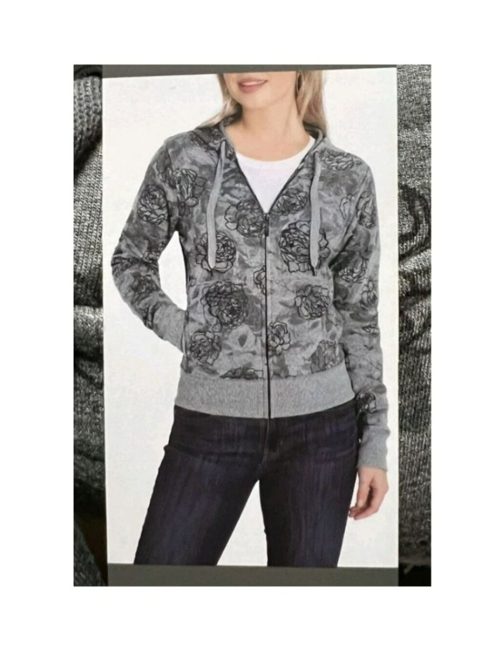 Eddie Bauer Full-Zip Hoodie Womens Gray Floral With Drawstrings & Pockets XL